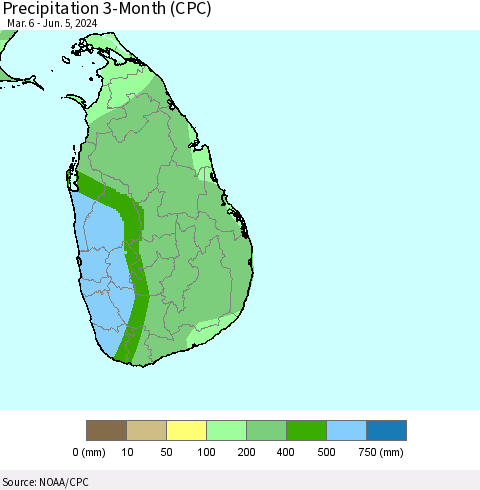 Sri Lanka Precipitation 3-Month (CPC) Thematic Map For 3/6/2024 - 6/5/2024