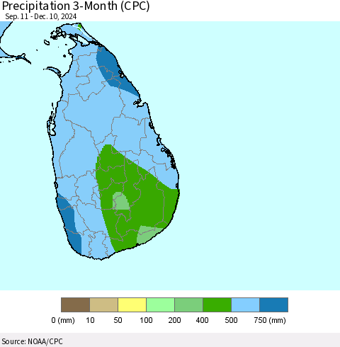 Sri Lanka Precipitation 3-Month (CPC) Thematic Map For 9/11/2024 - 12/10/2024