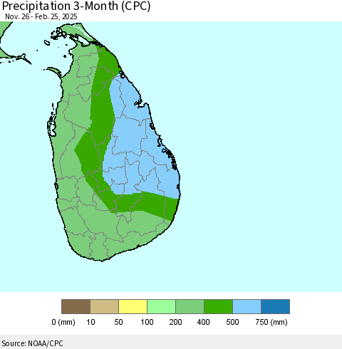 Sri Lanka Precipitation 3-Month (CPC) Thematic Map For 11/26/2024 - 2/25/2025