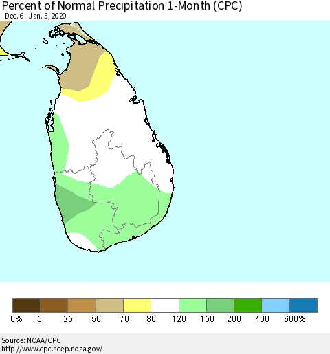 Sri Lanka Percent of Normal Precipitation 1-Month (CPC) Thematic Map For 12/6/2019 - 1/5/2020