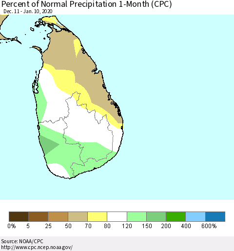 Sri Lanka Percent of Normal Precipitation 1-Month (CPC) Thematic Map For 12/11/2019 - 1/10/2020