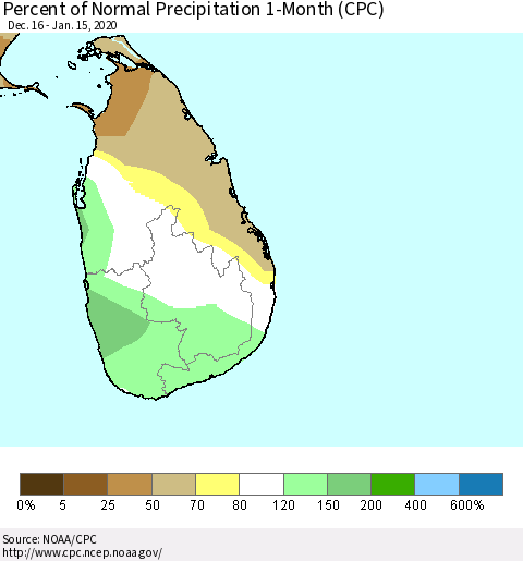 Sri Lanka Percent of Normal Precipitation 1-Month (CPC) Thematic Map For 12/16/2019 - 1/15/2020