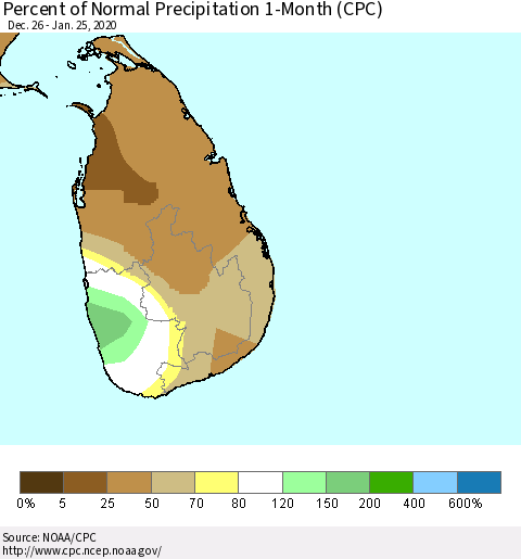 Sri Lanka Percent of Normal Precipitation 1-Month (CPC) Thematic Map For 12/26/2019 - 1/25/2020