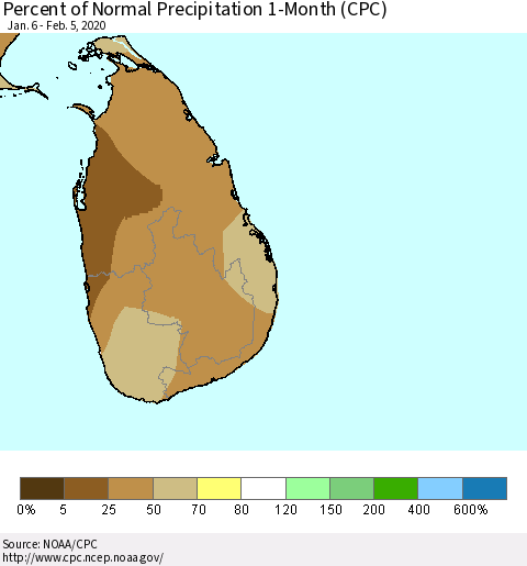 Sri Lanka Percent of Normal Precipitation 1-Month (CPC) Thematic Map For 1/6/2020 - 2/5/2020