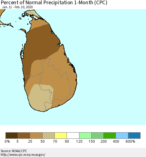 Sri Lanka Percent of Normal Precipitation 1-Month (CPC) Thematic Map For 1/11/2020 - 2/10/2020