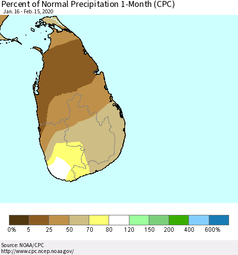 Sri Lanka Percent of Normal Precipitation 1-Month (CPC) Thematic Map For 1/16/2020 - 2/15/2020