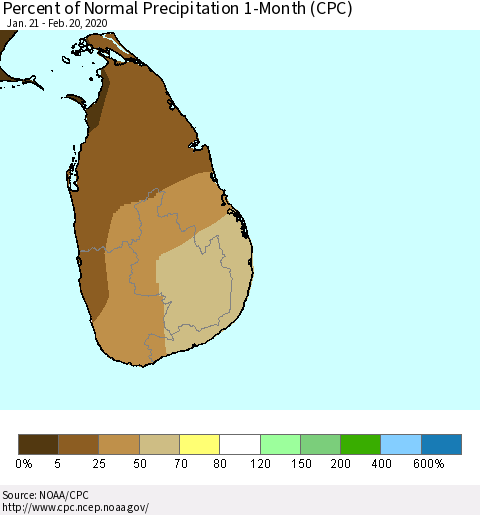 Sri Lanka Percent of Normal Precipitation 1-Month (CPC) Thematic Map For 1/21/2020 - 2/20/2020