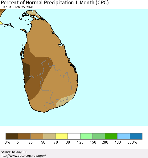 Sri Lanka Percent of Normal Precipitation 1-Month (CPC) Thematic Map For 1/26/2020 - 2/25/2020
