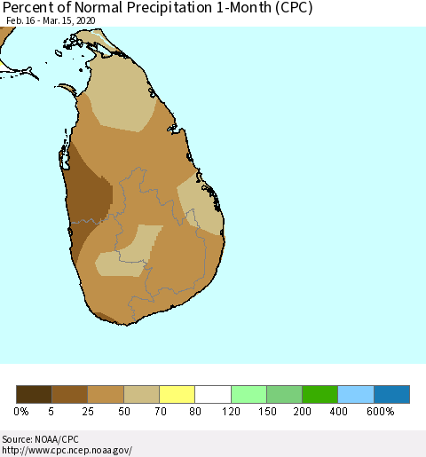 Sri Lanka Percent of Normal Precipitation 1-Month (CPC) Thematic Map For 2/16/2020 - 3/15/2020
