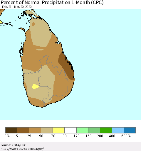 Sri Lanka Percent of Normal Precipitation 1-Month (CPC) Thematic Map For 2/21/2020 - 3/20/2020