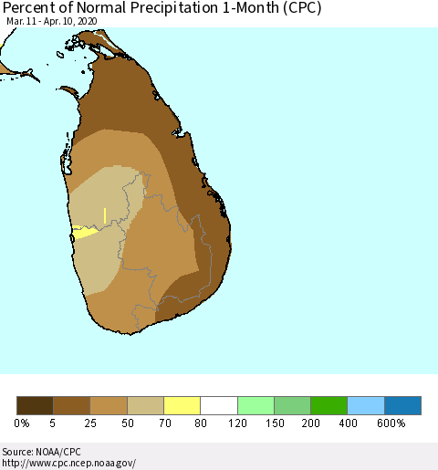 Sri Lanka Percent of Normal Precipitation 1-Month (CPC) Thematic Map For 3/11/2020 - 4/10/2020