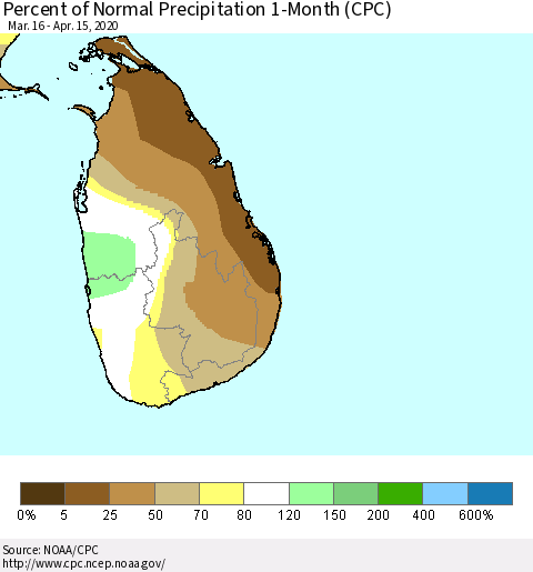 Sri Lanka Percent of Normal Precipitation 1-Month (CPC) Thematic Map For 3/16/2020 - 4/15/2020