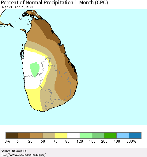 Sri Lanka Percent of Normal Precipitation 1-Month (CPC) Thematic Map For 3/21/2020 - 4/20/2020