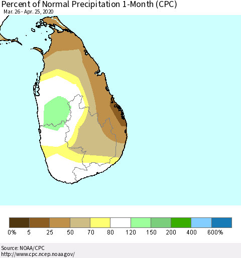 Sri Lanka Percent of Normal Precipitation 1-Month (CPC) Thematic Map For 3/26/2020 - 4/25/2020