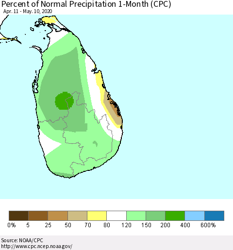 Sri Lanka Percent of Normal Precipitation 1-Month (CPC) Thematic Map For 4/11/2020 - 5/10/2020