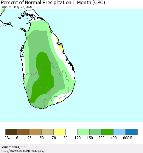Sri Lanka Percent of Normal Precipitation 1-Month (CPC) Thematic Map For 4/26/2020 - 5/25/2020