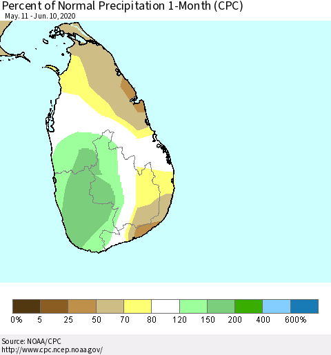 Sri Lanka Percent of Normal Precipitation 1-Month (CPC) Thematic Map For 5/11/2020 - 6/10/2020