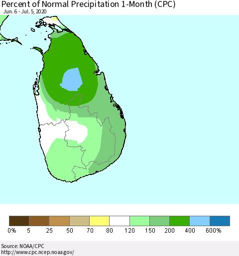 Sri Lanka Percent of Normal Precipitation 1-Month (CPC) Thematic Map For 6/6/2020 - 7/5/2020