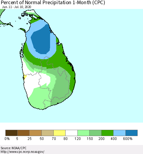 Sri Lanka Percent of Normal Precipitation 1-Month (CPC) Thematic Map For 6/11/2020 - 7/10/2020