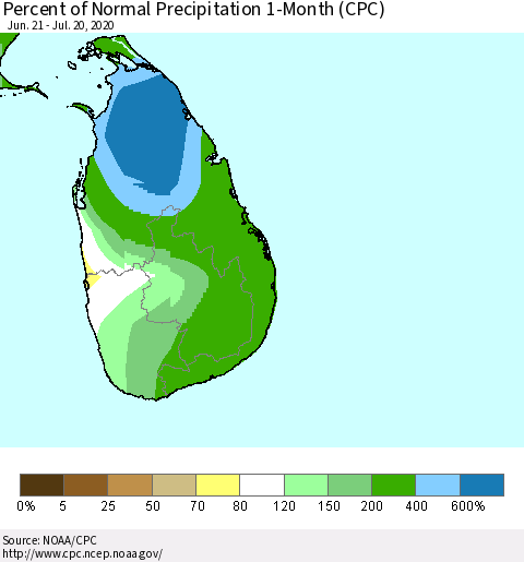 Sri Lanka Percent of Normal Precipitation 1-Month (CPC) Thematic Map For 6/21/2020 - 7/20/2020