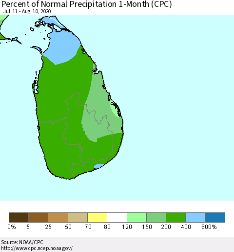 Sri Lanka Percent of Normal Precipitation 1-Month (CPC) Thematic Map For 7/11/2020 - 8/10/2020