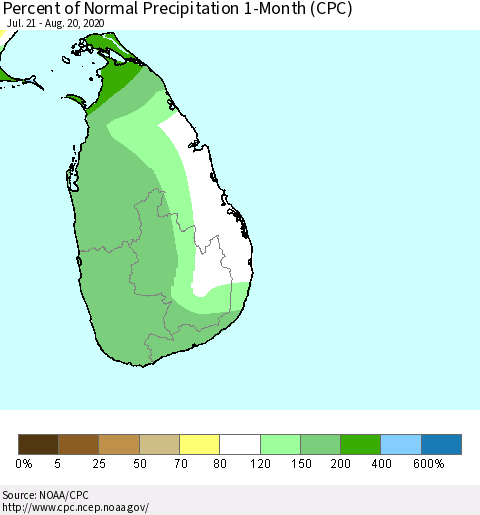 Sri Lanka Percent of Normal Precipitation 1-Month (CPC) Thematic Map For 7/21/2020 - 8/20/2020