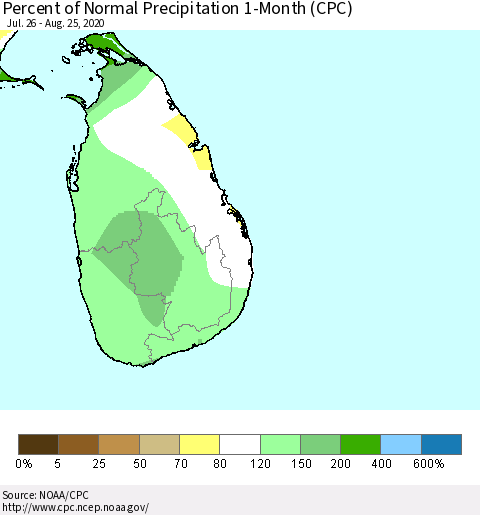 Sri Lanka Percent of Normal Precipitation 1-Month (CPC) Thematic Map For 7/26/2020 - 8/25/2020