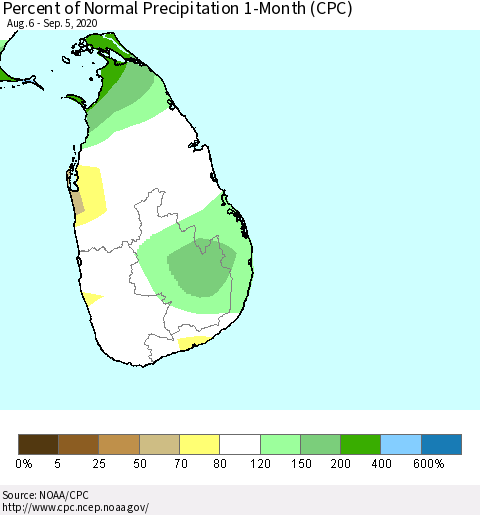 Sri Lanka Percent of Normal Precipitation 1-Month (CPC) Thematic Map For 8/6/2020 - 9/5/2020