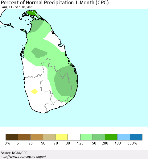 Sri Lanka Percent of Normal Precipitation 1-Month (CPC) Thematic Map For 8/11/2020 - 9/10/2020