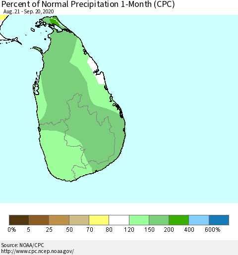 Sri Lanka Percent of Normal Precipitation 1-Month (CPC) Thematic Map For 8/21/2020 - 9/20/2020