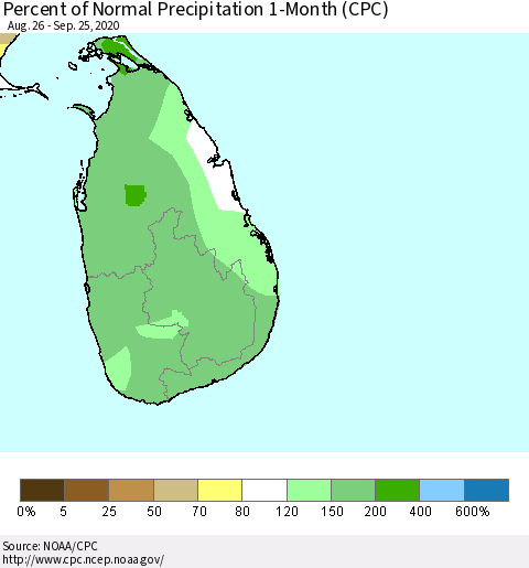 Sri Lanka Percent of Normal Precipitation 1-Month (CPC) Thematic Map For 8/26/2020 - 9/25/2020