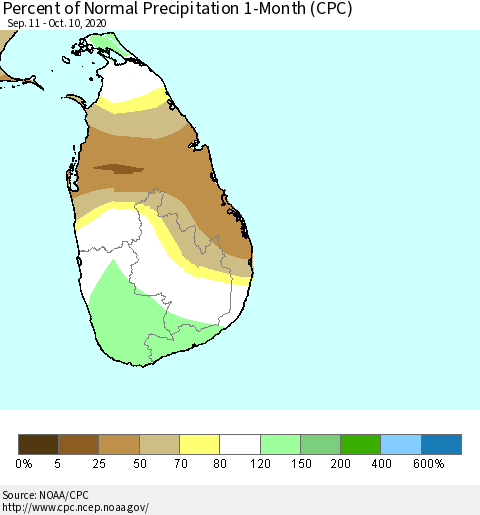 Sri Lanka Percent of Normal Precipitation 1-Month (CPC) Thematic Map For 9/11/2020 - 10/10/2020