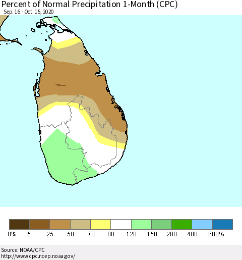 Sri Lanka Percent of Normal Precipitation 1-Month (CPC) Thematic Map For 9/16/2020 - 10/15/2020