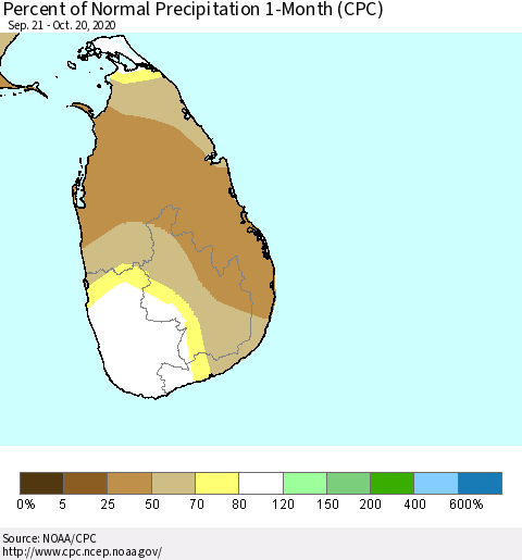 Sri Lanka Percent of Normal Precipitation 1-Month (CPC) Thematic Map For 9/21/2020 - 10/20/2020