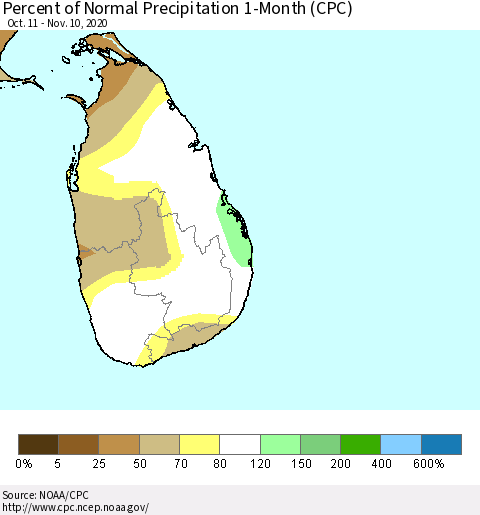 Sri Lanka Percent of Normal Precipitation 1-Month (CPC) Thematic Map For 10/11/2020 - 11/10/2020