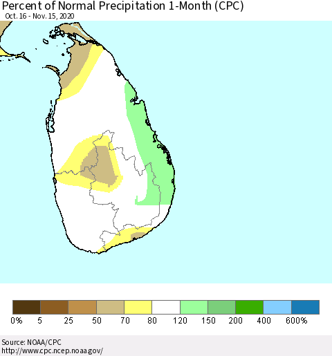 Sri Lanka Percent of Normal Precipitation 1-Month (CPC) Thematic Map For 10/16/2020 - 11/15/2020