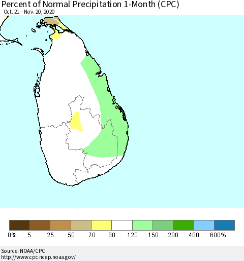 Sri Lanka Percent of Normal Precipitation 1-Month (CPC) Thematic Map For 10/21/2020 - 11/20/2020