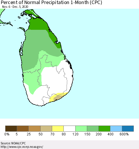 Sri Lanka Percent of Normal Precipitation 1-Month (CPC) Thematic Map For 11/6/2020 - 12/5/2020