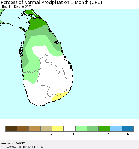 Sri Lanka Percent of Normal Precipitation 1-Month (CPC) Thematic Map For 11/11/2020 - 12/10/2020