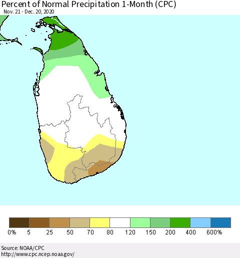 Sri Lanka Percent of Normal Precipitation 1-Month (CPC) Thematic Map For 11/21/2020 - 12/20/2020