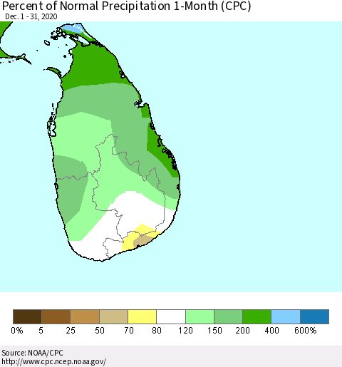 Sri Lanka Percent of Normal Precipitation 1-Month (CPC) Thematic Map For 12/1/2020 - 12/31/2020