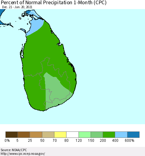 Sri Lanka Percent of Normal Precipitation 1-Month (CPC) Thematic Map For 12/21/2020 - 1/20/2021