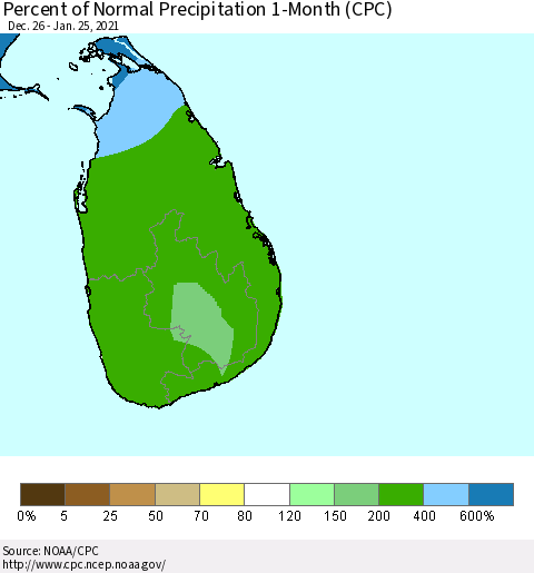 Sri Lanka Percent of Normal Precipitation 1-Month (CPC) Thematic Map For 12/26/2020 - 1/25/2021