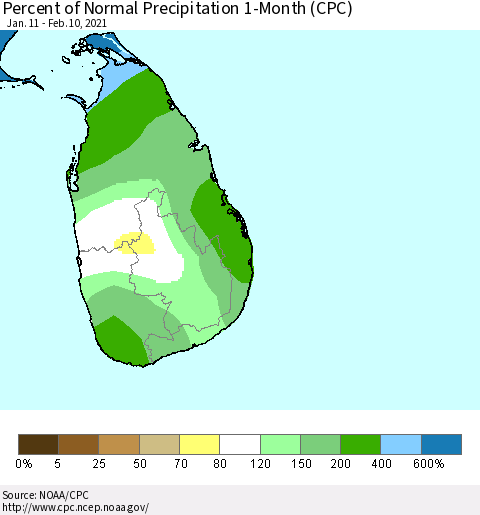 Sri Lanka Percent of Normal Precipitation 1-Month (CPC) Thematic Map For 1/11/2021 - 2/10/2021