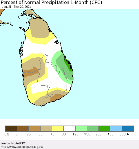 Sri Lanka Percent of Normal Precipitation 1-Month (CPC) Thematic Map For 1/21/2021 - 2/20/2021