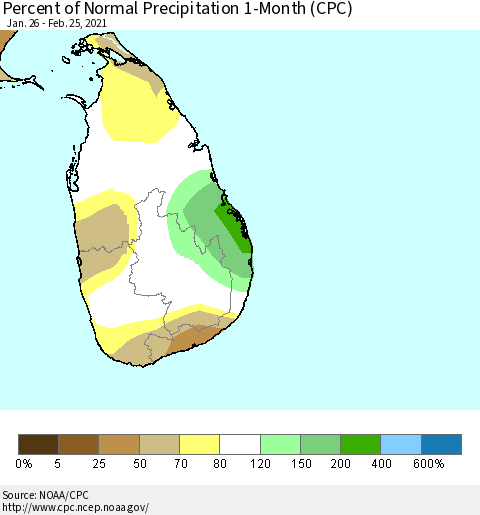 Sri Lanka Percent of Normal Precipitation 1-Month (CPC) Thematic Map For 1/26/2021 - 2/25/2021