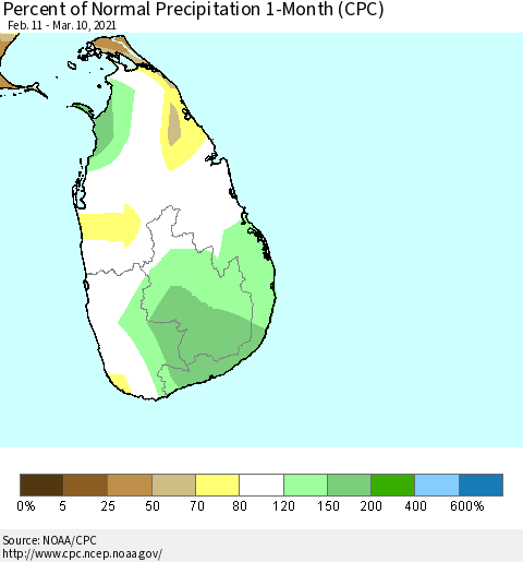 Sri Lanka Percent of Normal Precipitation 1-Month (CPC) Thematic Map For 2/11/2021 - 3/10/2021