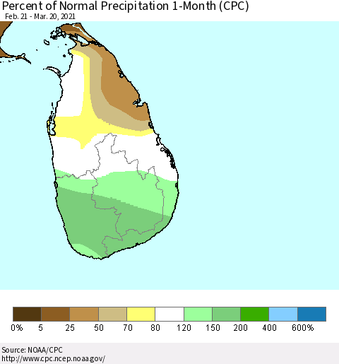 Sri Lanka Percent of Normal Precipitation 1-Month (CPC) Thematic Map For 2/21/2021 - 3/20/2021