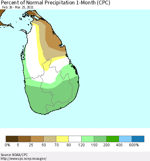 Sri Lanka Percent of Normal Precipitation 1-Month (CPC) Thematic Map For 2/26/2021 - 3/25/2021