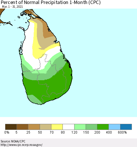 Sri Lanka Percent of Normal Precipitation 1-Month (CPC) Thematic Map For 3/1/2021 - 3/31/2021